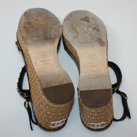 Chanel 20C Black Leather CC Chain Wicker Platform Wedge Sandal EU 40.5 / US 10.5 - Picture 7 of 11